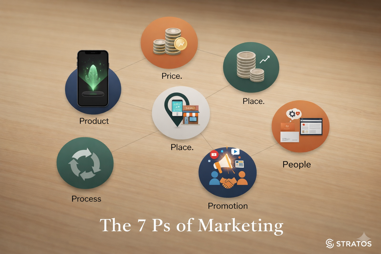 Rectangular illustration of the 7 Ps of Marketing—Product, Price, Place, Promotion, Process, People, and Physical Evidence—shown as connected icons in a modern layout