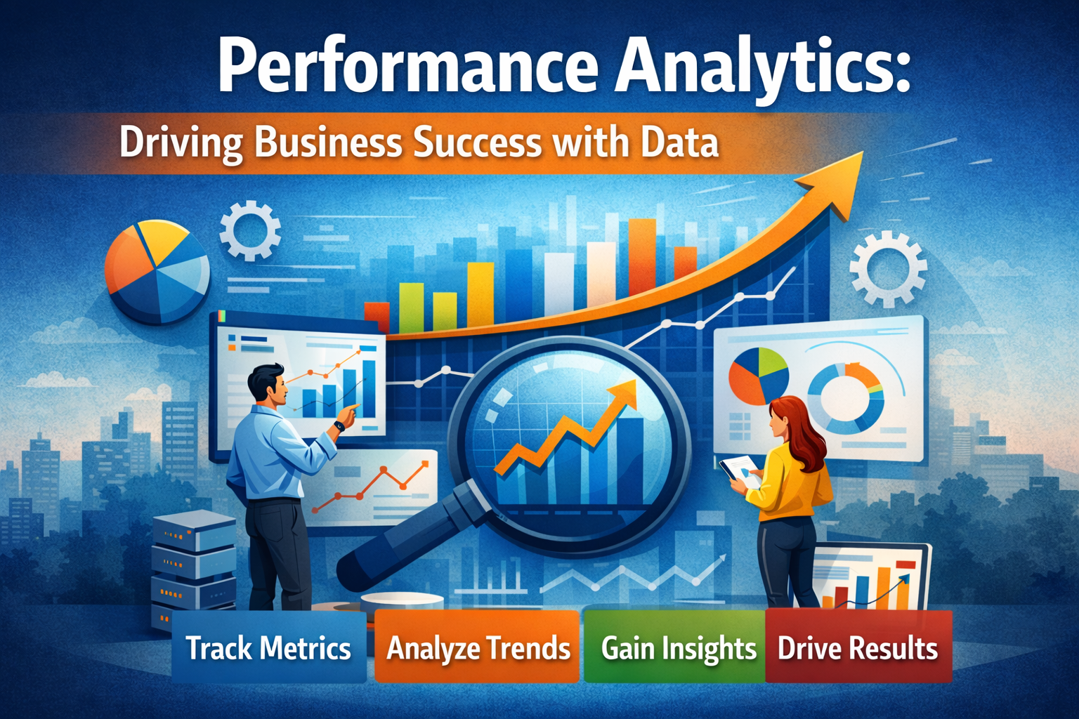 Performance analytics dashboard showing business KPIs, growth charts, and data-driven insights