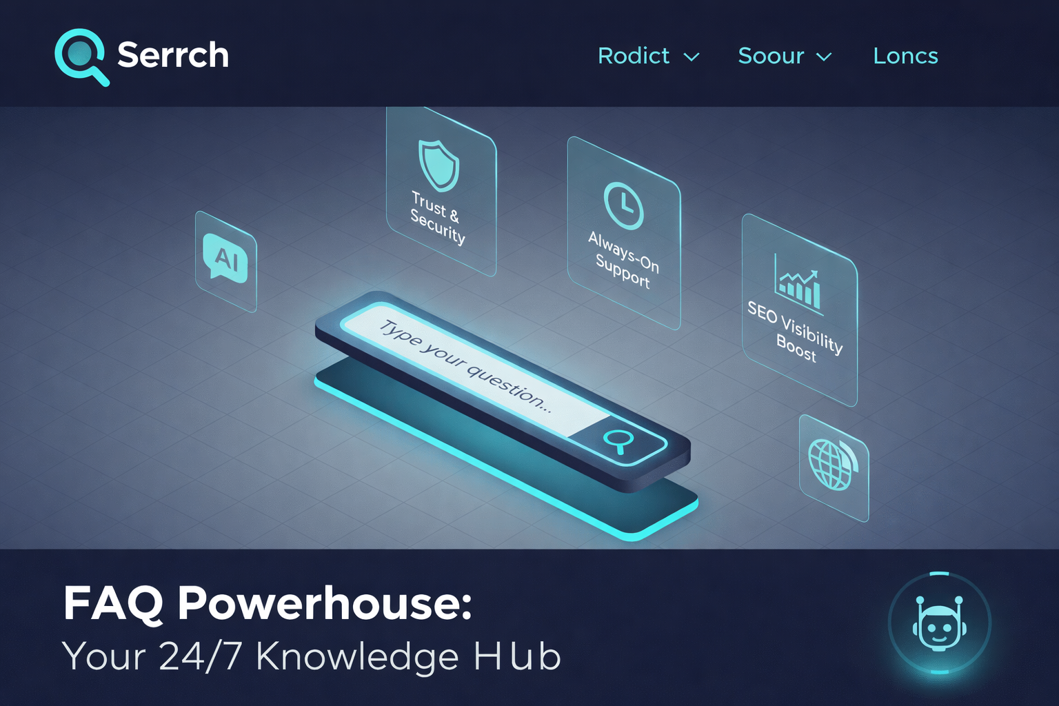 AI-powered FAQ search interface showing a rectangular search bar with icons for trust and security, always-on support, and SEO visibility