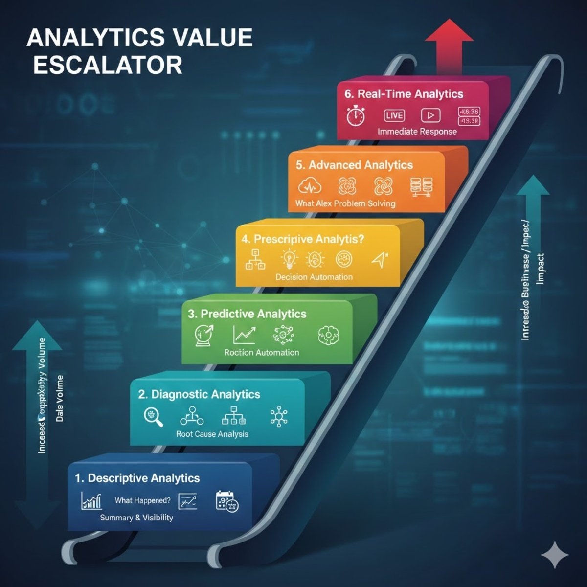 Analytics value escalator showing descriptive, diagnostic, predictive, prescriptive, advanced, and real-time analytics increasing business impact