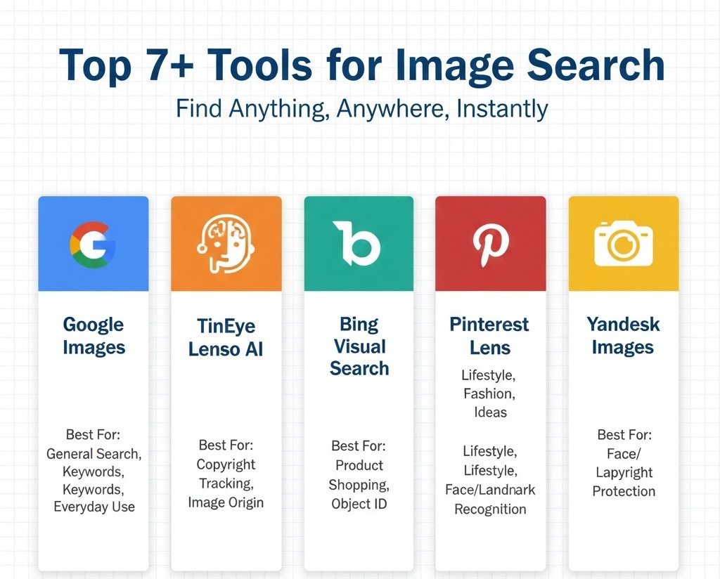 Infographic showing the top 7+ image search tools including Google Images, TinEye, Lenso AI, Bing Visual Search, Pinterest Lens, and Yandex Images, highlighting their best uses for reverse image search, product identification, copyright tracking, and visual discovery.