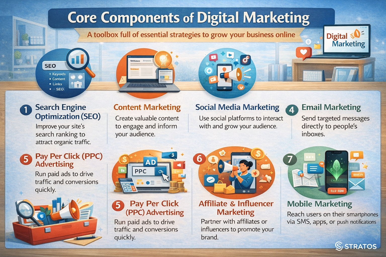 Rectangular infographic showing the core components of digital marketing, including SEO, content marketing, social media marketing, email marketing, PPC advertising, affiliate and influencer marketing, and mobile marketing
