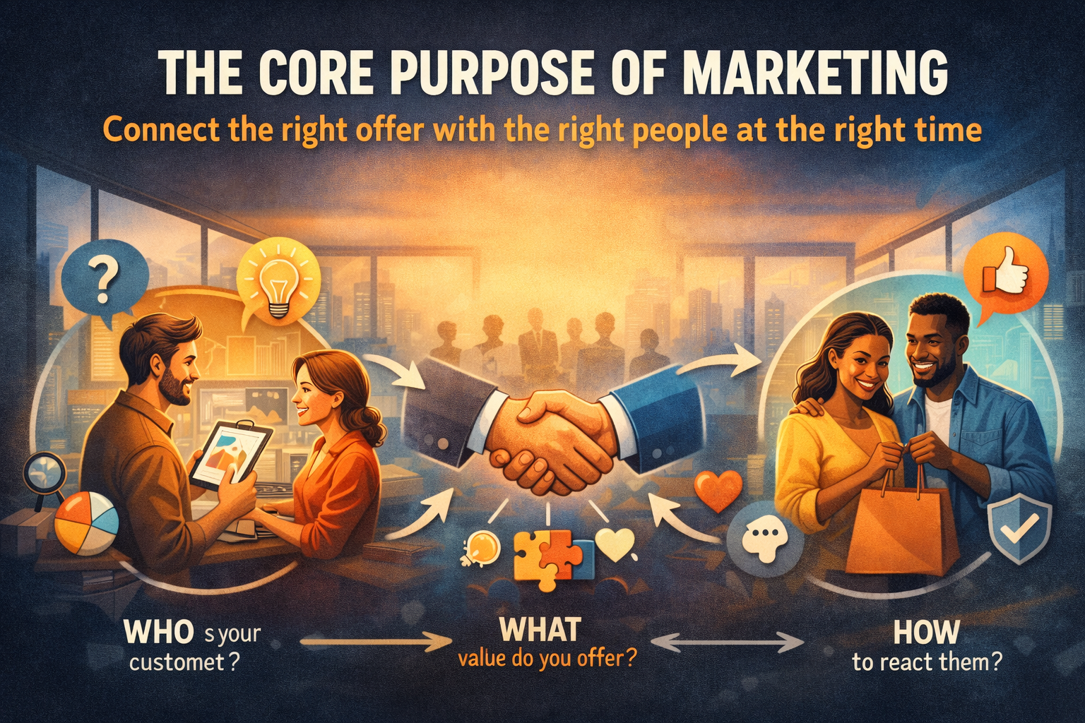 Illustration showing the core purpose of marketing—connecting the right offer with the right people at the right time through trust, value, and customer understanding