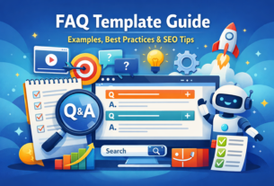 FAQ template guide illustration showing a searchable FAQ page, Q&A icons, chatbot, checklist, and SEO elements