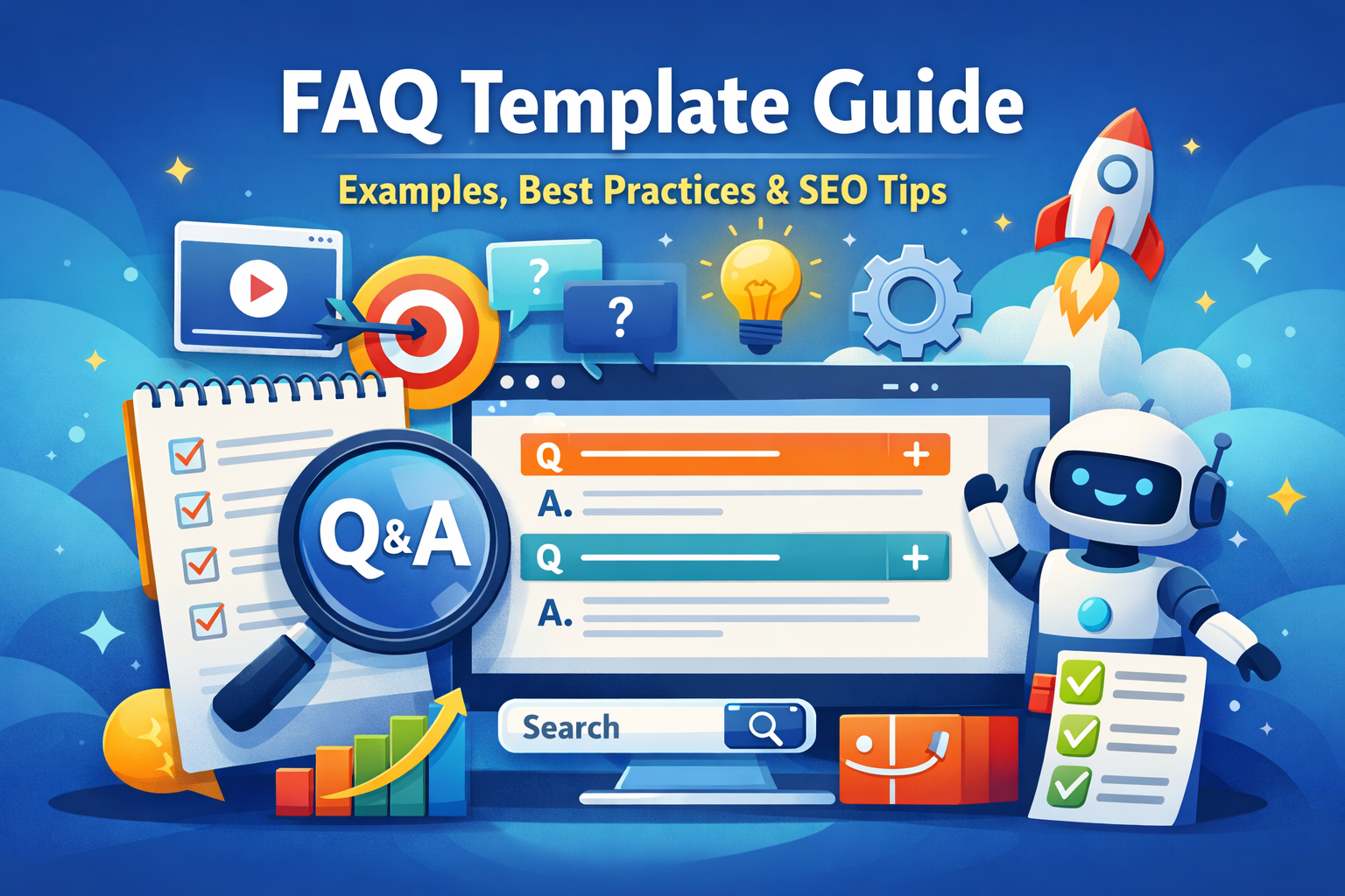 FAQ template guide illustration showing a searchable FAQ page, Q&A icons, chatbot, checklist, and SEO elements