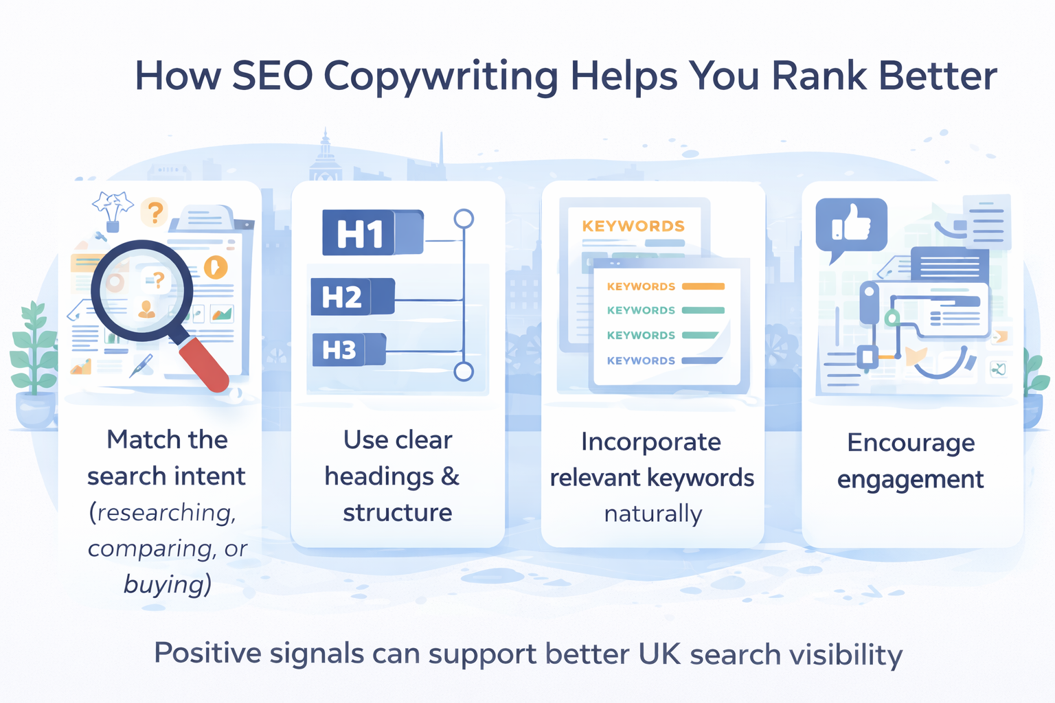 Visual explanation of how SEO copywriting improves rankings through search intent, structure, keywords, and engagement