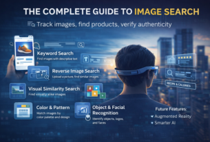 Image illustrating image search techniques including reverse image search, visual search, and AI-powered image recognition.