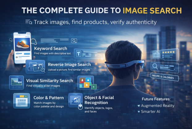 Image illustrating image search techniques including reverse image search, visual search, and AI-powered image recognition.