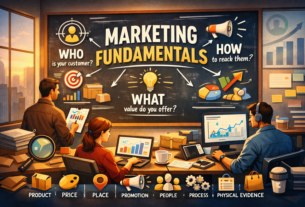 Marketing fundamentals illustrated with the 7Ps framework, customer research, strategy planning, and digital marketing concepts in a modern workspace