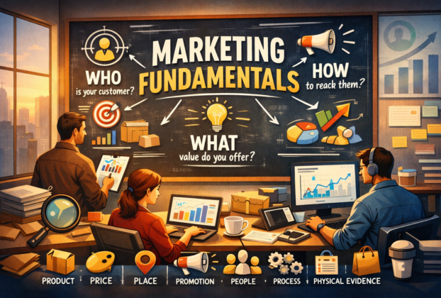 Marketing fundamentals illustrated with the 7Ps framework, customer research, strategy planning, and digital marketing concepts in a modern workspace