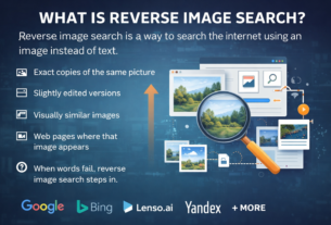 explaining reverse image search, showing how users can search the internet using images to find exact matches, edited versions, similar visuals, and source websites, with icons for Google, Bing, Lenso.ai, and Yandex.
