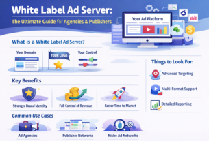 White label ad server infographic showing benefits, features, and use cases for agencies and publishers