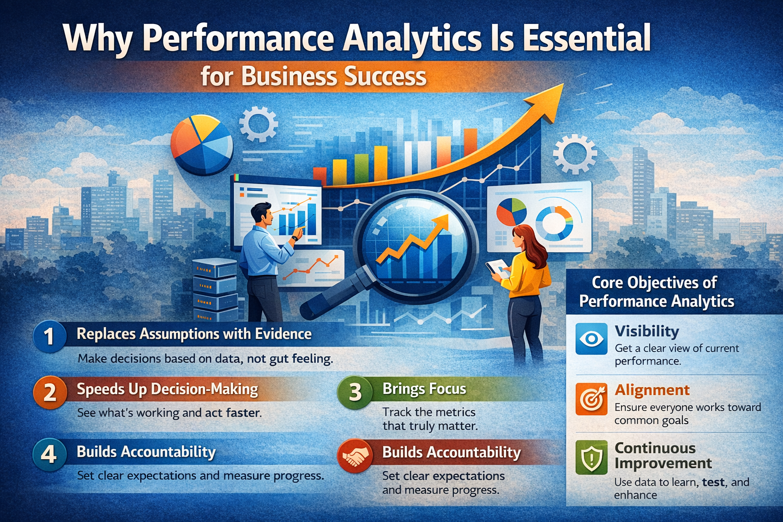 Why performance analytics is important for business success, showing data-driven decision making, KPIs, and growth trends